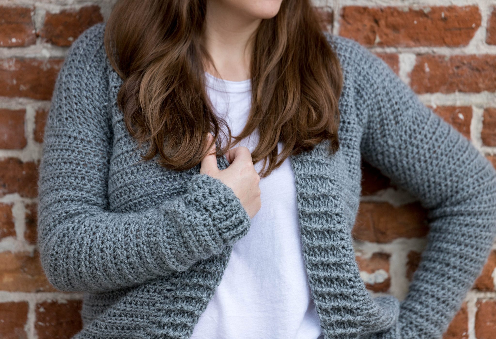 Chunky ribbing detail on this knit-look crochet cardigan free pattern.