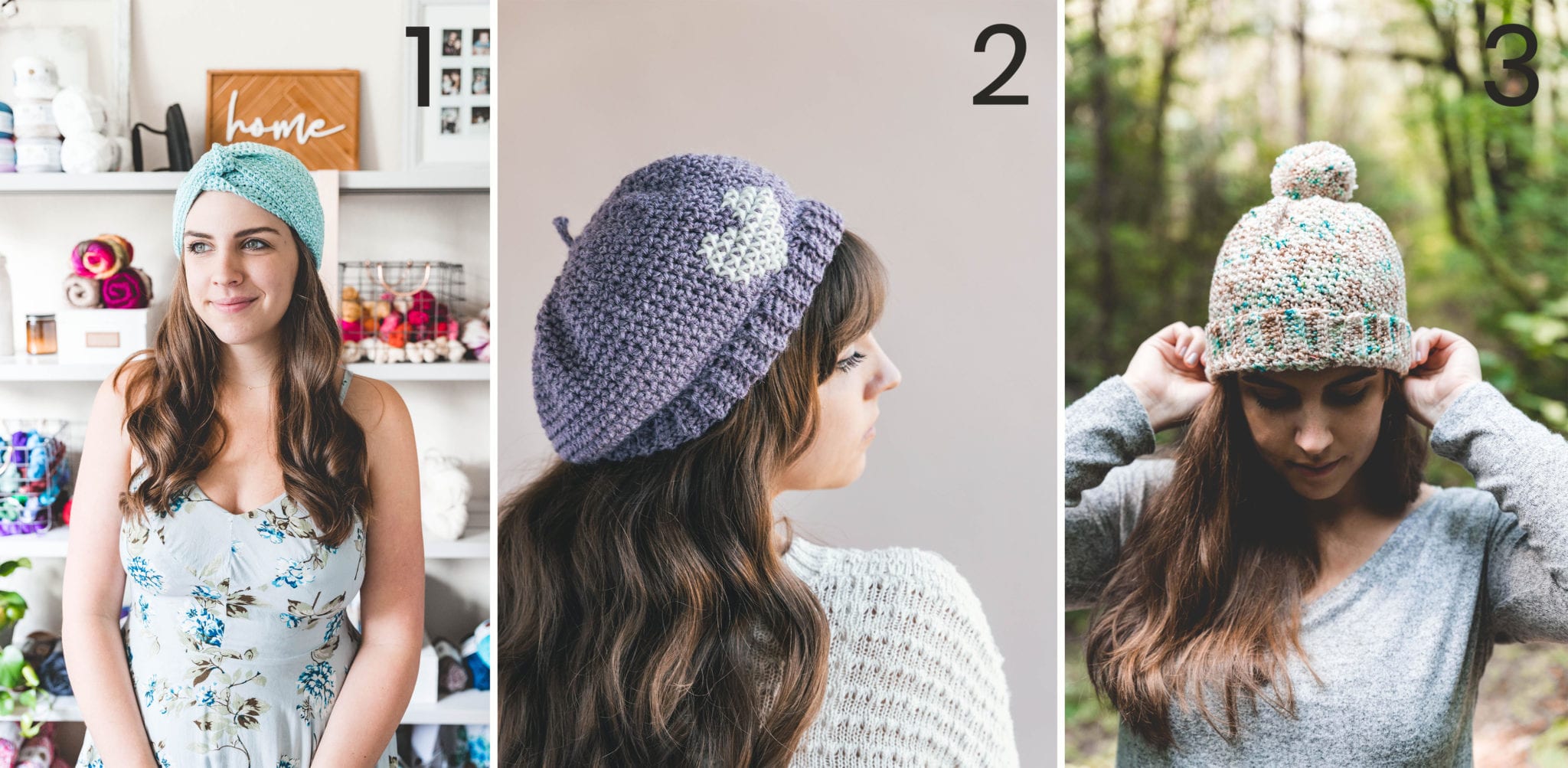 Easy crochet hat suggestion graphic with other free patterns from the sewrella blog.