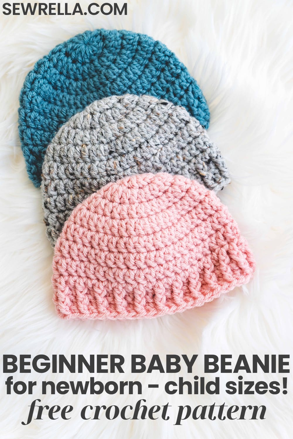 Pinterest image to save to crochet boards that include baby and kids patterns. Free crochet baby hat includes sizes newborn to child.