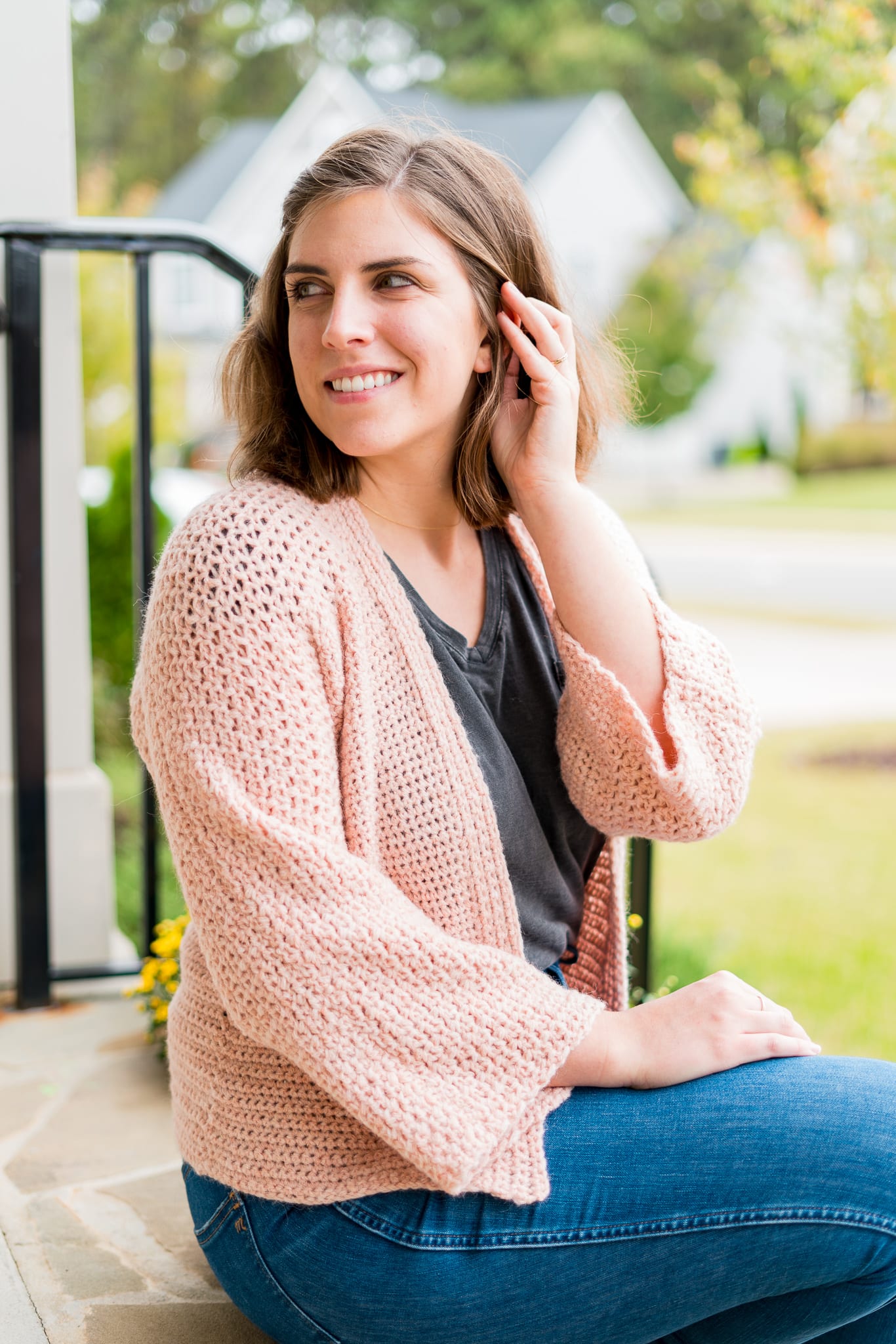 Easy Crochet Cardigan with lightweight fluffy yarn and T shaped panel construction.